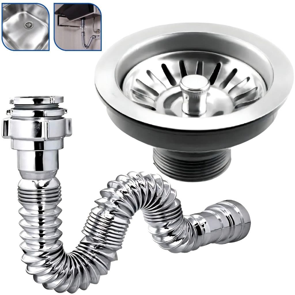 Kit Válvula de Pia de Cozinha Americana Inox 4.1/2 + Sifão Sanfonado Flexível Cromado 72cm