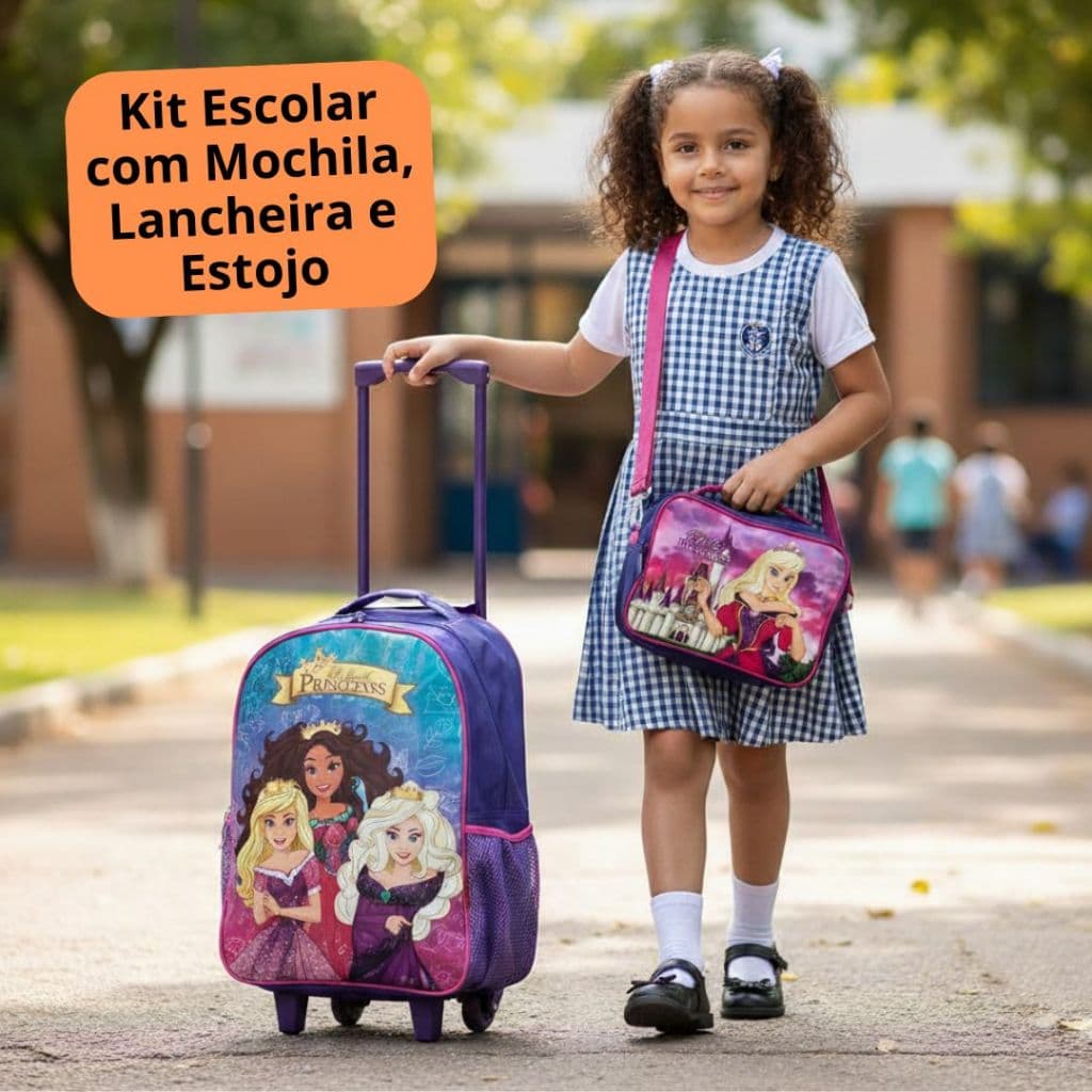 Kit Escolar Infantil Princesas Mochila de Rodinhas Lancheira Térmica Estojo Conjunto Menina Feminino