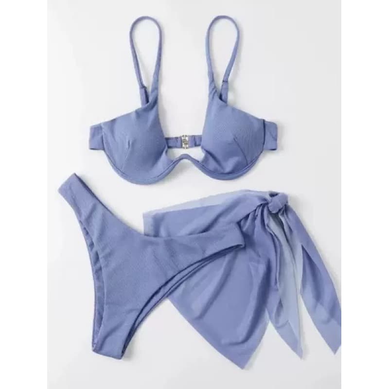ZMC-151 Kit 3 Conjunto de biquíni feminino, com saia canelada em malha