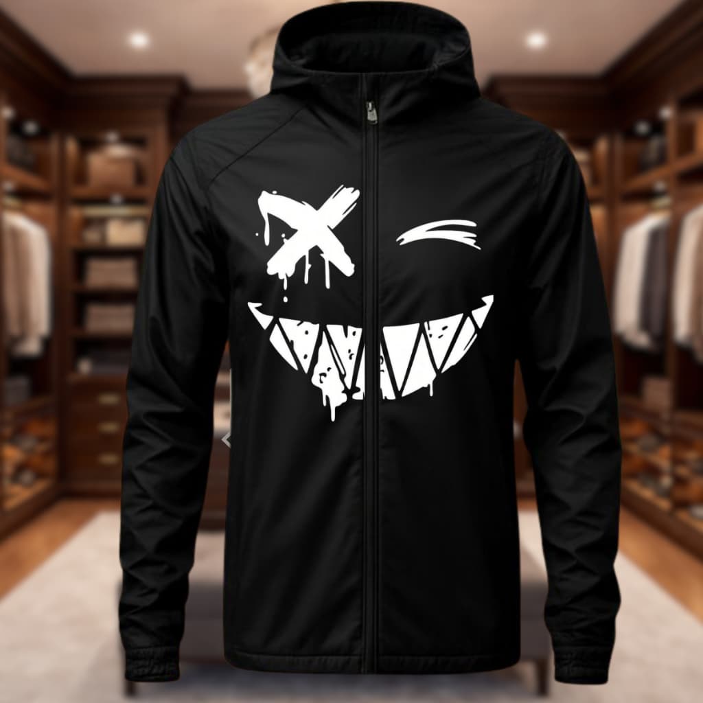 Jaqueta Corta Vento Masculina Impermeável estilo motoqueiro estampado Smile com Capuz Tecido Premium