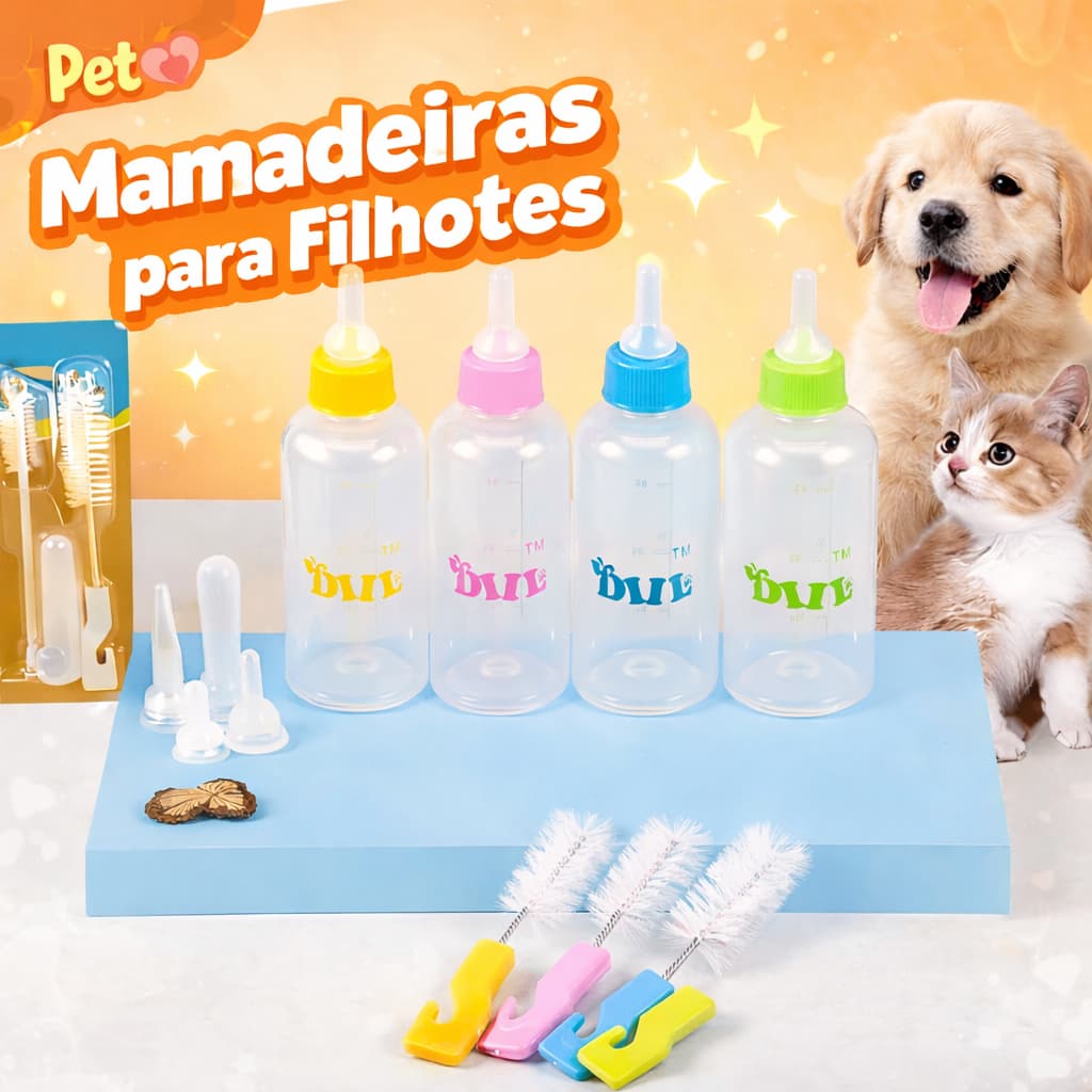Mamadeira Pet 60ml para Filhotes Cães e Gatos com Bicos de Silicone Alimentação Segura Kit 7 Peças