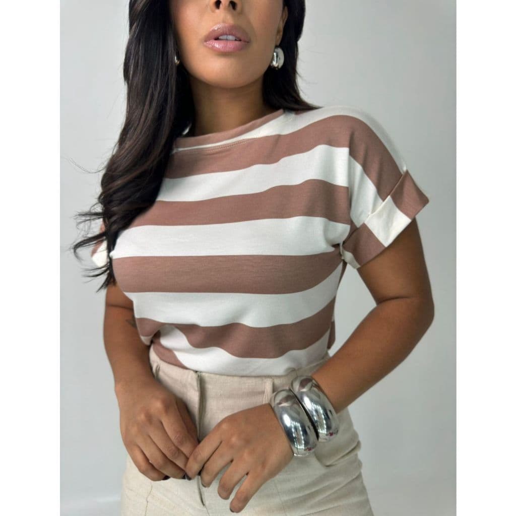 Blusa  Listrada  Manga Dobrada  Viscolycra  Tendência