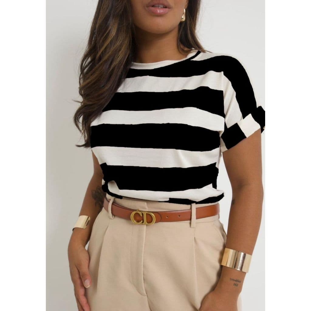 Blusa  T Shirt Listrada Manga Dobrada Gola Redonda Viscolycra