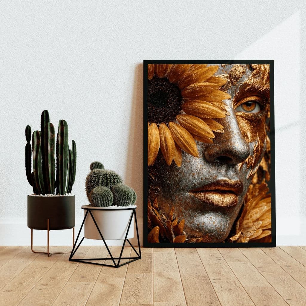 Quadro Decorativo Mulher com Girassol Dourado Arte Luxo Decoração Sala Quarto