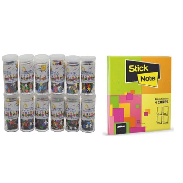 Kit Estrelinha Metálica Lantecor (24 potinhos de 3 gramas)+Bloco Adesivo 51mm x 38mm