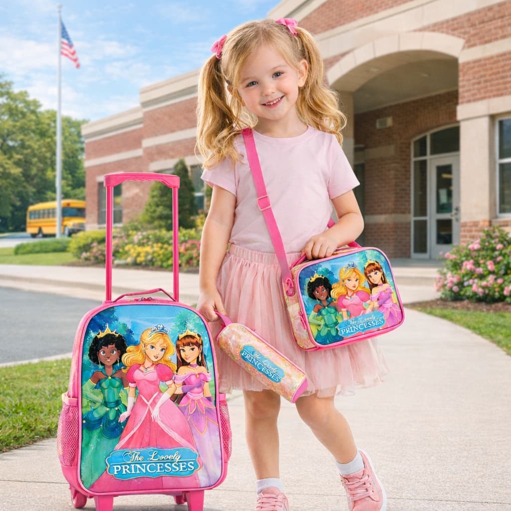 KIT MOCHILA ESCOLAR INFANTIL PRINCESAS PARA MENINAS COM 3 PEÇAS: MOCHILA, LANCHEIRA E ESTOJO