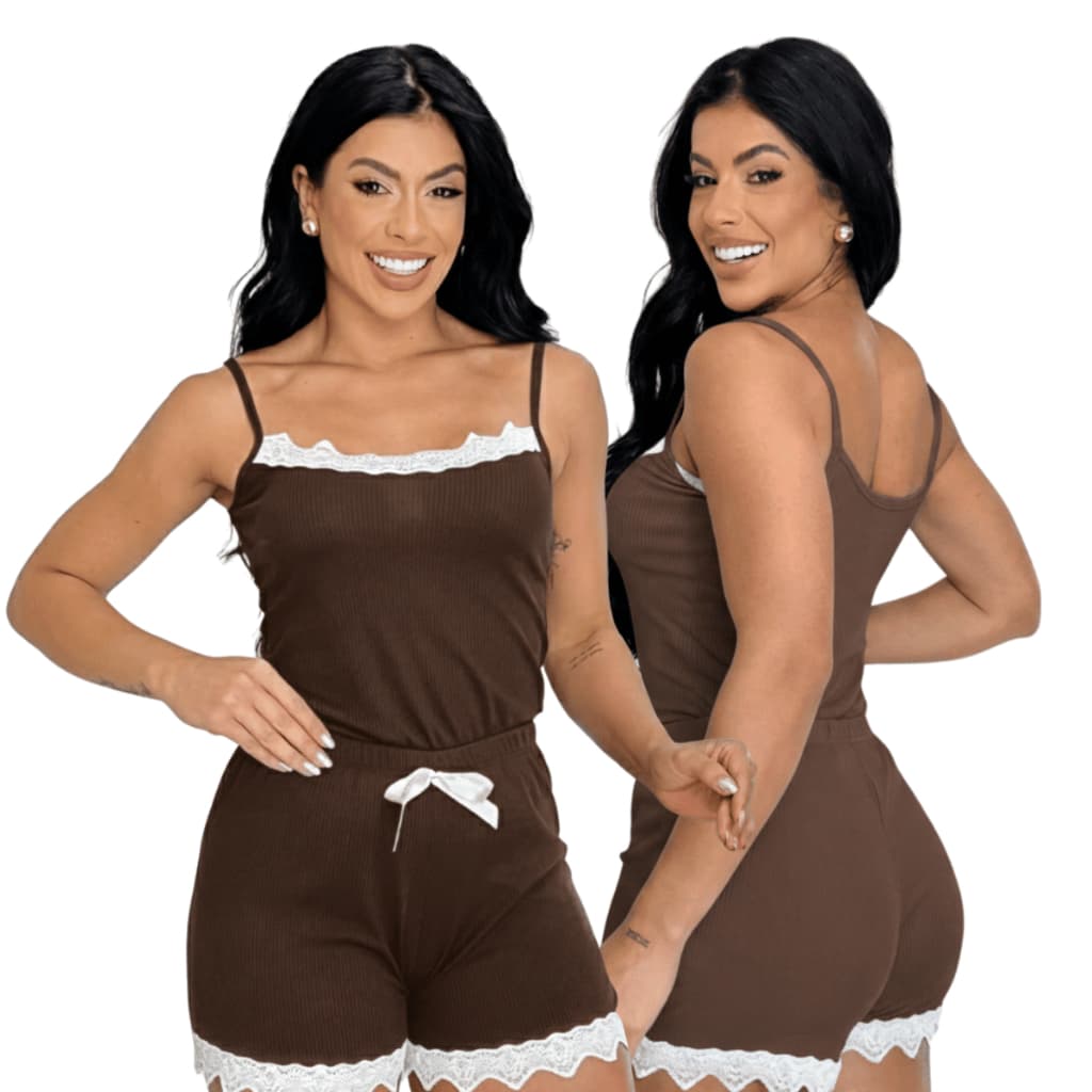 Pijama Marrom Baby Doll Feminino Detalhe de Renda Luxo Canelado