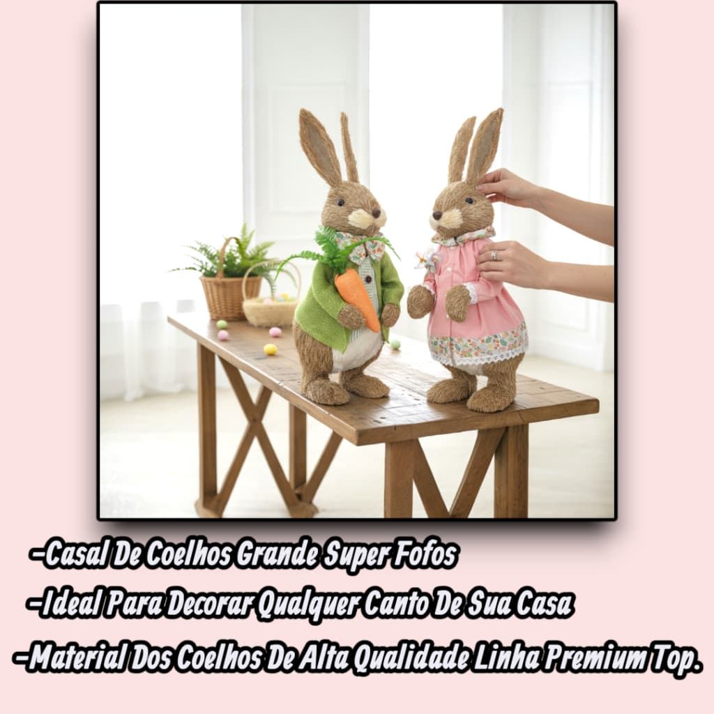Casal Coelhos 64cm Palha Decoração Páscoa Linha Premium Top