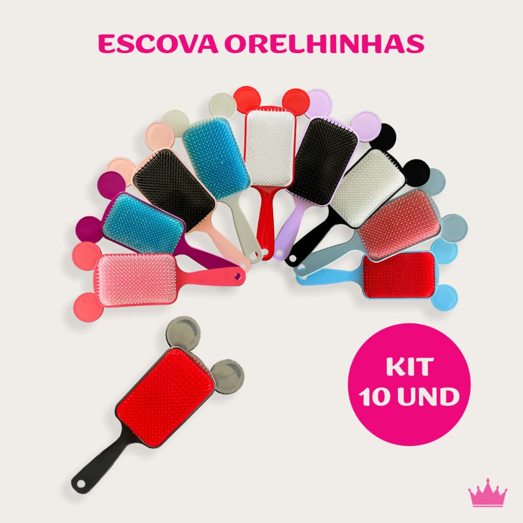 Kit 10 Escovas Retangular Com Orelhinhas Para Todos os Tipos de Cabelo Desembaraça com Facilidade