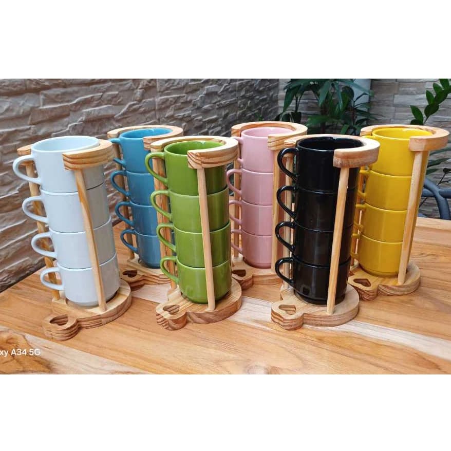 Jogo 4 Xicara Caneca 200ml Hotel Colorida Jogo Com Suporte Madeira Porcelana Café