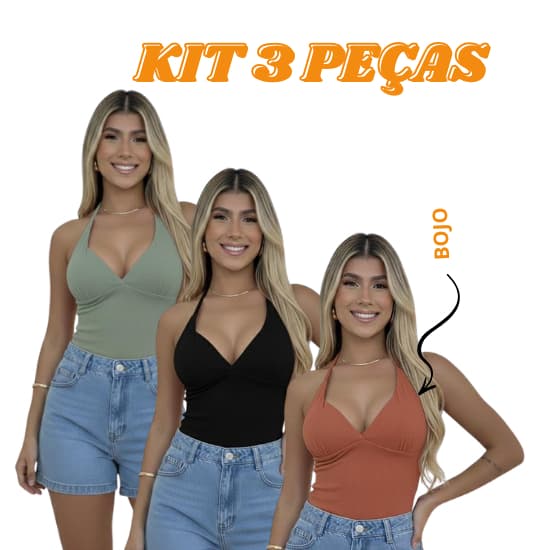KIT 3 Peças Blusa Feminina Frente Unica Com Bojo Ribana Canelada