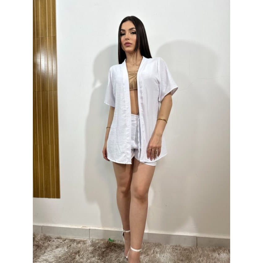 Conjunto Kimono Feminino Camisa E Short Liso - Perfeito Para Passeios