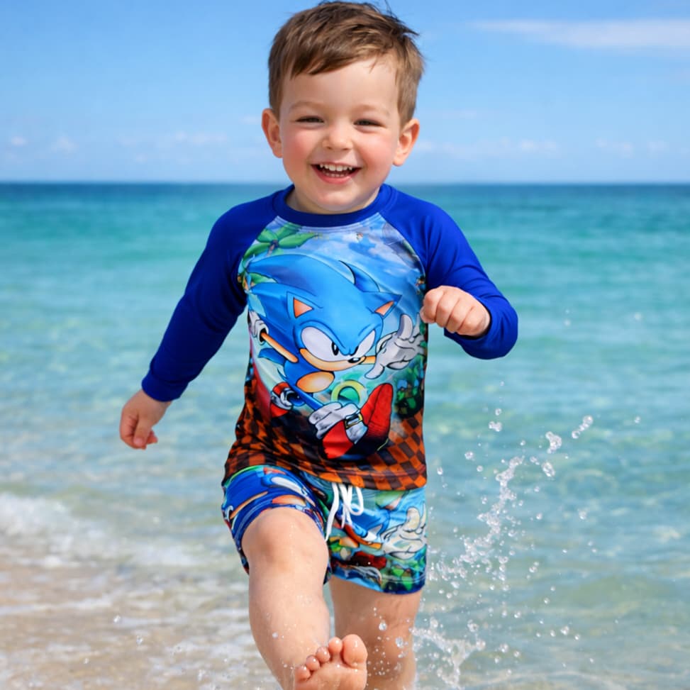 Conjunto Infantil Menino UV50+ Proteção Solar Camisa + Sunga Boxer Kit Banho Infantil