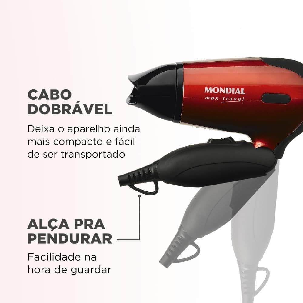 Secador de Cabelo MONDIAL , Max Travel, Bivolt, Preto/Vermelho, 1200W - SC-10