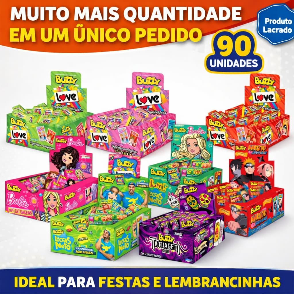 Display Chiclete Buzzy com Tatuagem – 90 Unidades – Lacrado Original-aniversários- todas as idades
