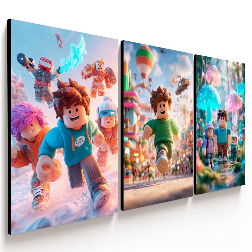 Trio de Quadros Roblox Infantil Decorativo MDF Alta Qualidade para Quarto Criança Gamer