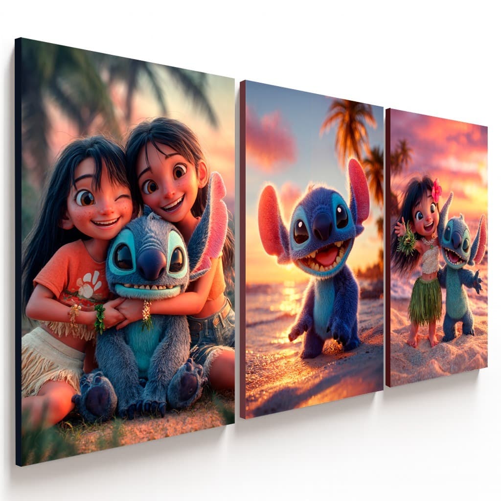 Trio de Quadros Lilo & Stitch Infantil Decorativo MDF para Quarto Criança Disney