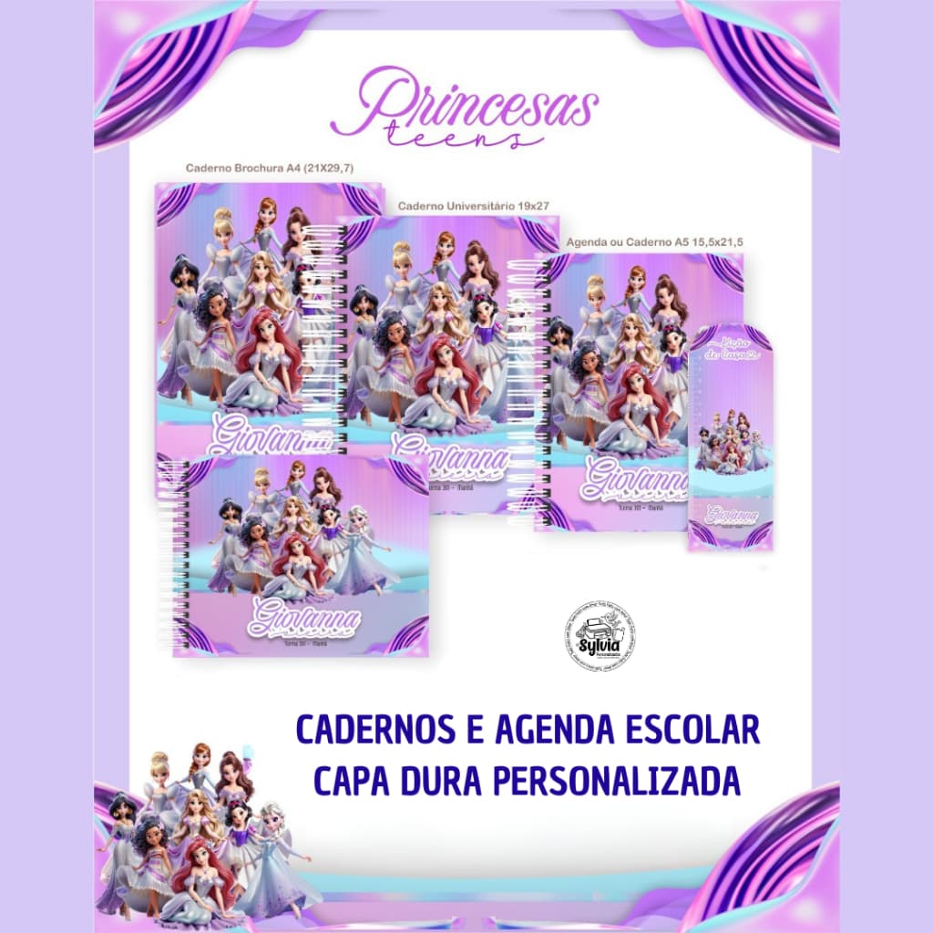 Cadernos Princesas Teen • Brochura, Universitário e Agenda • Capas Personalizadas • Escolar