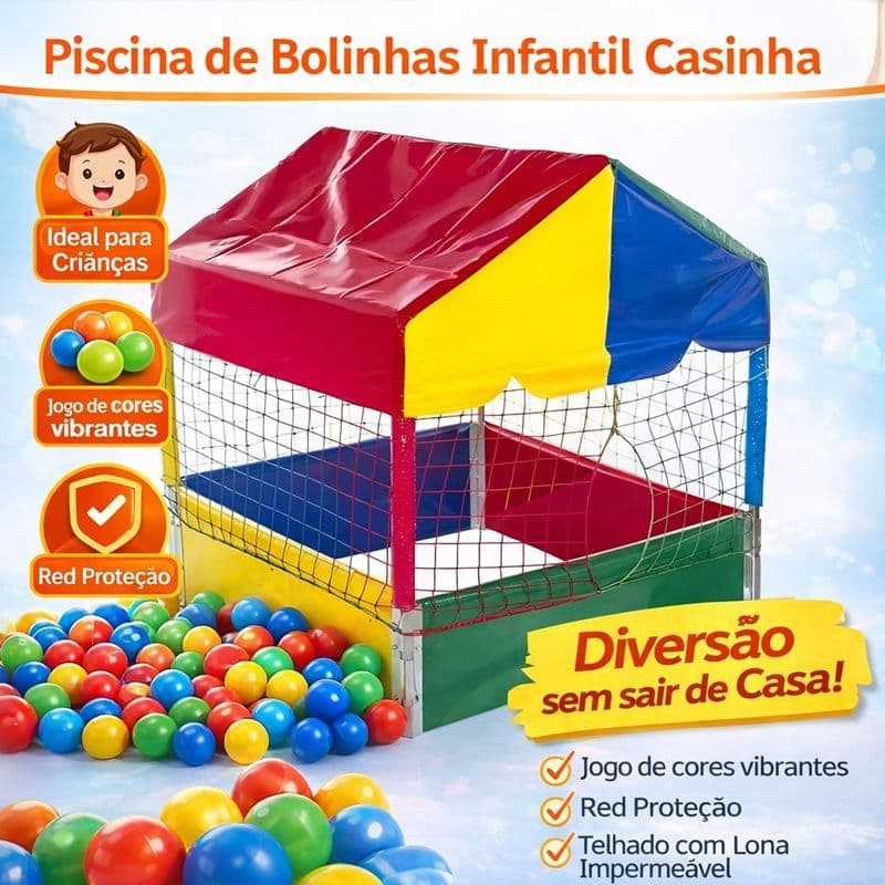 Piscina de Bolinhas Infantil Casinha Colorida com Tela e Cobertura – Diversão em Casa