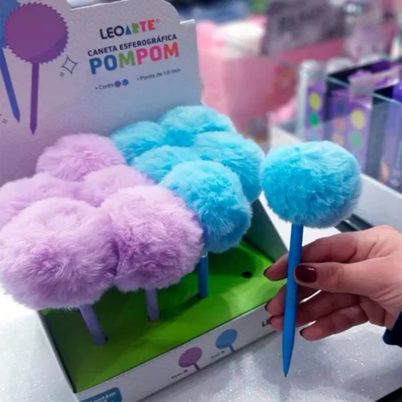 Caneta Esferográfica 1.0 Pompom Lilás e Azul Unidade - LeoArte