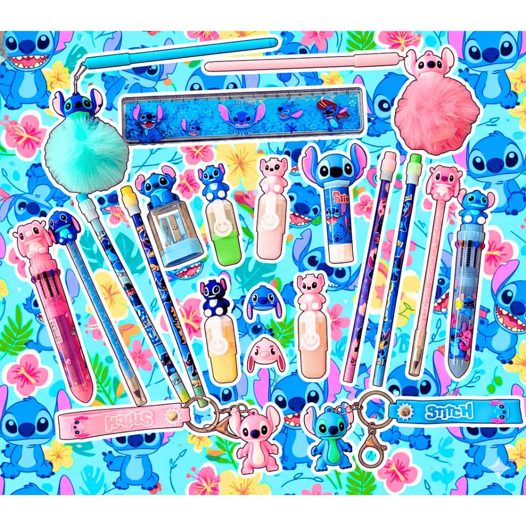 Kit Material Escolar Stitch Completo Disney Papelaria Fofa Caneta Cola, Apontador Lápis Régua Volta às Aulas
