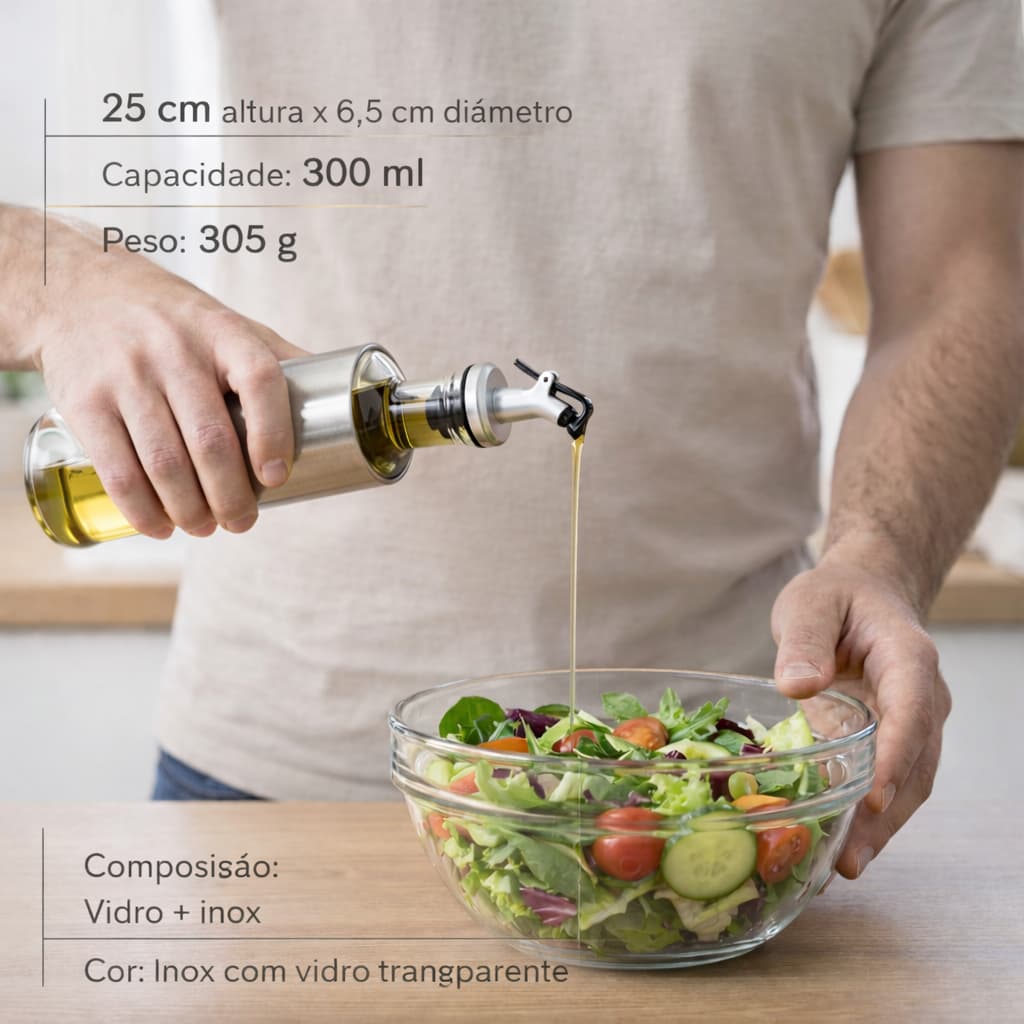 Dispenser Porta Azeite E Tempero 300ml Vidro Com Bico Dosador Inox