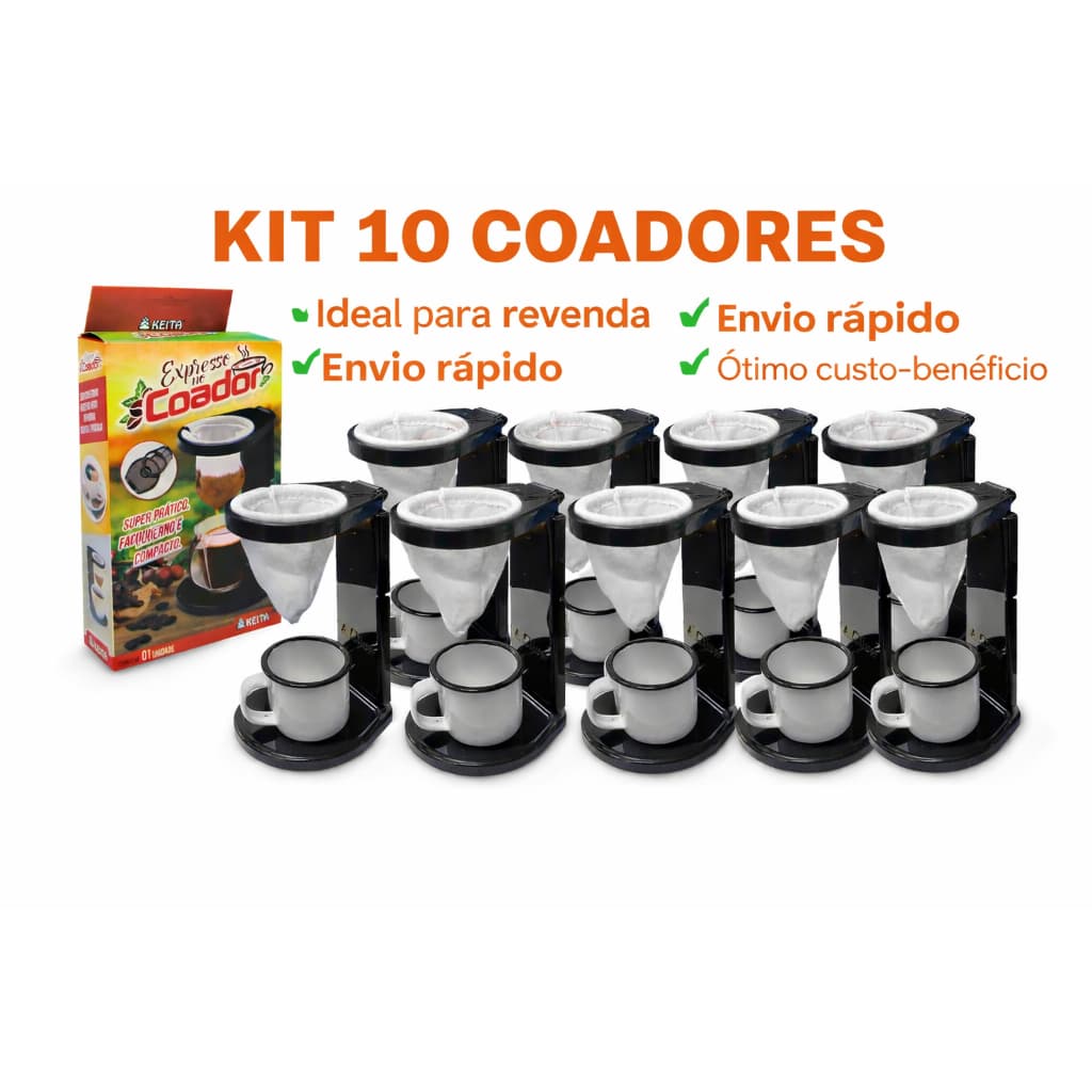 KIT 10 PORTA FILTRO / COADOR DE CAFE DE PLASTICO COM COADOR DE PANO FLANELADO 16,5X10,5X10CM