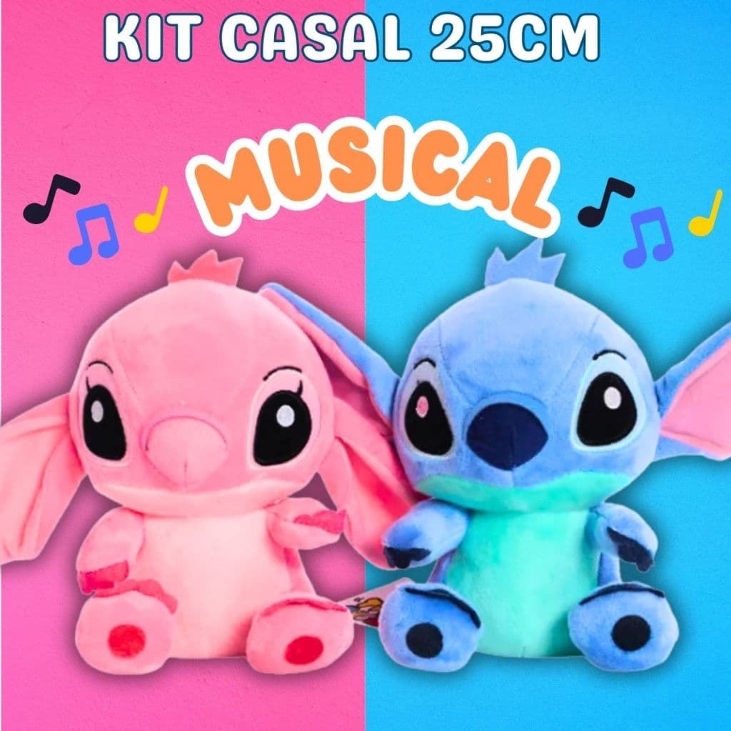 Ursinho Stitch Boneco de Pelucia Stitch e Angel Casal Musical 25CM tamanho Medio