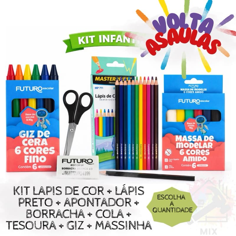 KIT LÁPIS DE COR + LÁPIS PRETO + APONTADOR + BORRACHA + COLA + TESOURA + GIZ DE CERA + MASSA DE MODELAR