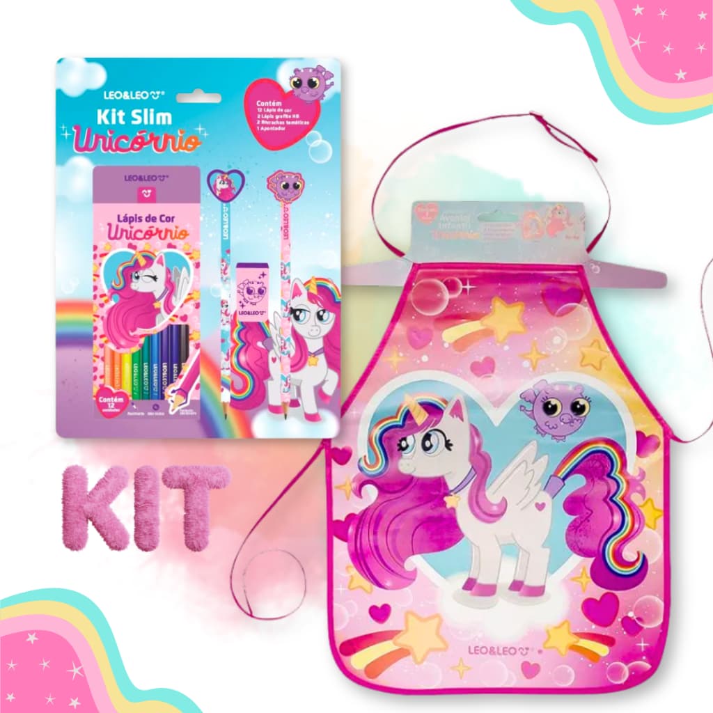 Avental Infantil Unicórnio Impermeável menina com KIT Escolar Lapis de cor Lapis HB preto Borracha Feminino