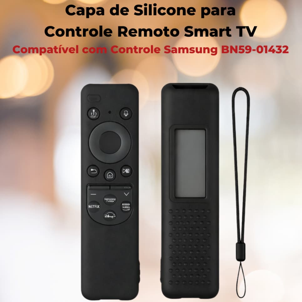 Capa de Silicone Preta para Controle Samsung BN59-01432 com Alça de Segurança Proteção Contra Quedas