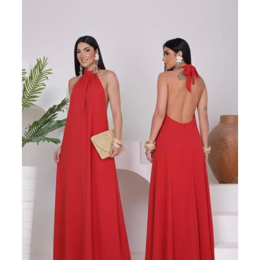 Vestido Longo Gola Alta Frente Única Costa Nua Festa Madrinha Formatura Elegante