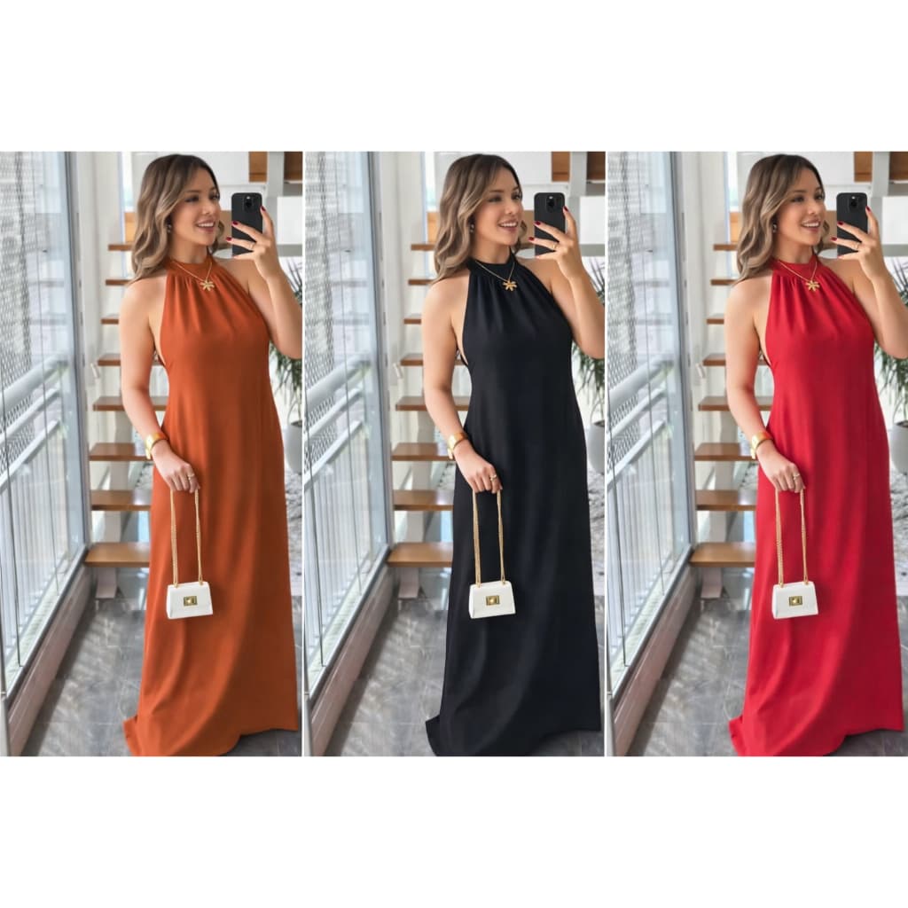 Vestido Feminino Longo Gola Alta Frente Única Costa Nua