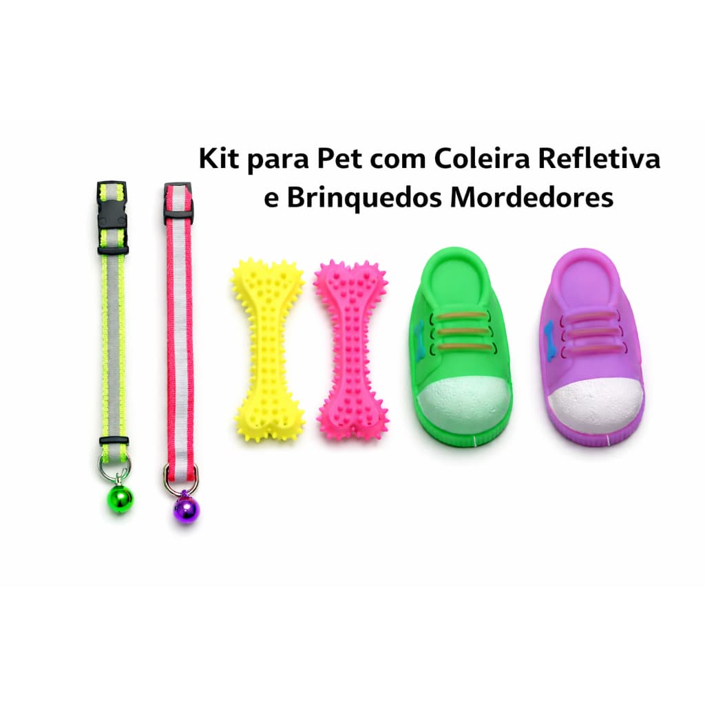 Kit Brinquedos Mordedores e Coleira Refletiva Para Cães Pet