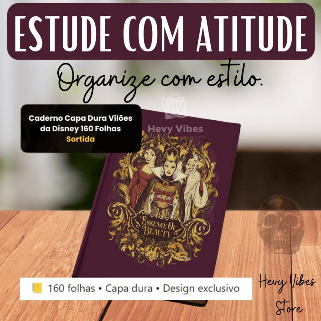 Caderno Capa Dura Vilões Disney 160 Folhas Colegial Costurado Escolar Resistente Papel Sulfite