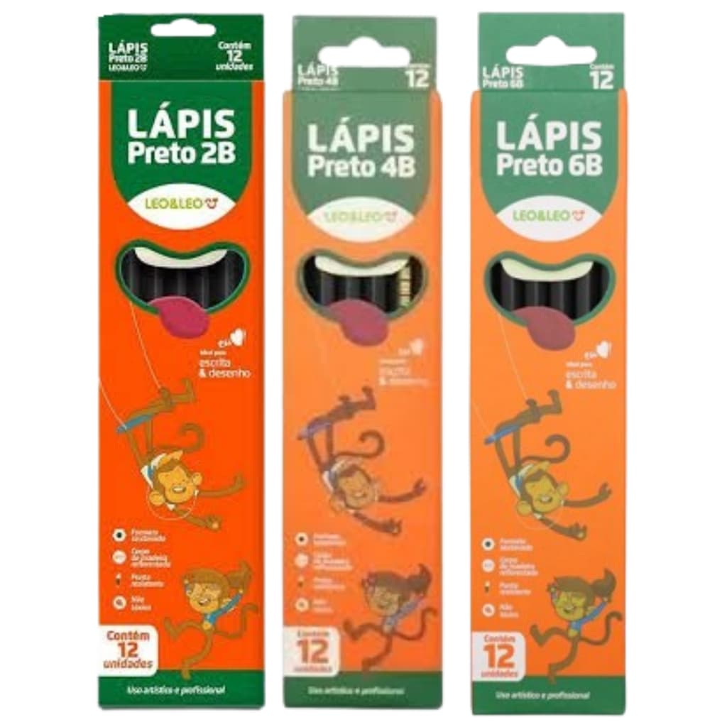 Lapis Preto de Escrever 2B 4B 6B Leo&leo 12 unidades
