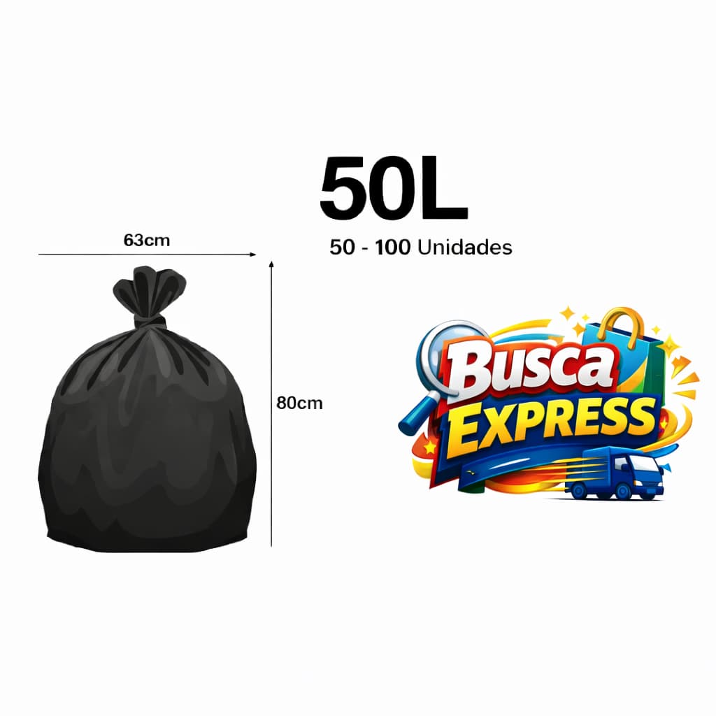 Saco de Lixo 50L Reforçado 20Kg Preto Grosso 63x80cm Kit 50 ou 100 Unidades