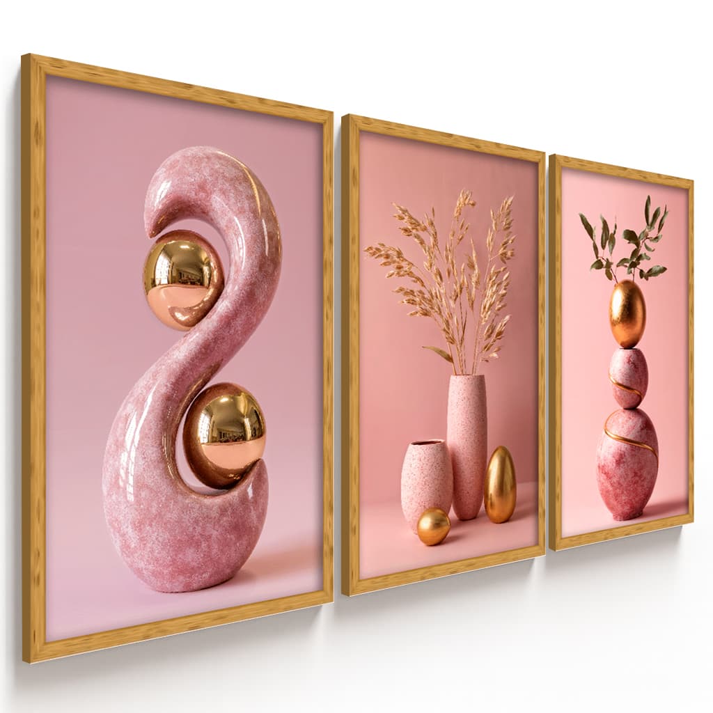 Quadros Decorativos 3 Peças Abstrato Geométrico Esculturas Rosas Nordic Hall