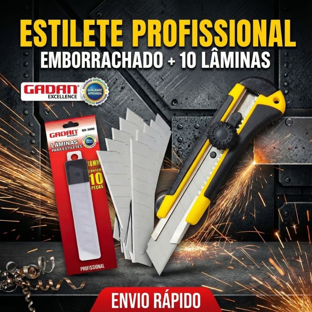 Kit Estilete profissional emborrachado com trava giratória + 10 lâminas aço 18mm Artesanato Escolar