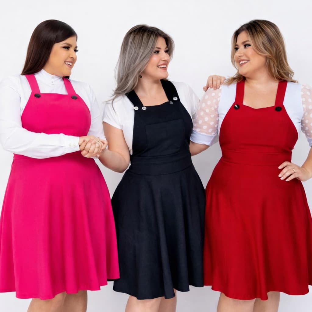 Vestido Moda Evangélica Rodado Soltinho Plus Size Godê Midi Frente única Jardineira Salopete Rosa Pink Preto Vermelho