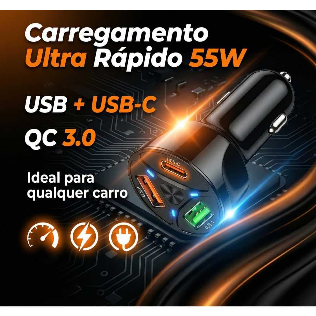 Carregador Veicular 55W Turbo USB e USB-C PD QC 3.0 Ultra Rápido 12V/24V