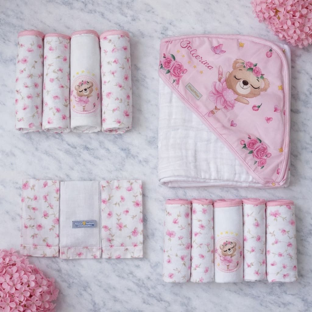 Kit Enxoval Bebê 12 Peças Ursinhos, Fralda, Cueiro, Pano de Boca, Toalha Soft, Menina, Menino, Rosa, Bege, Azul