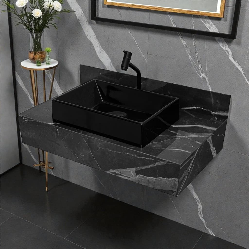 Bancada Com Cuba Preta E Torneira Sobreposta Banheiro Calacata Black em Porcelanato