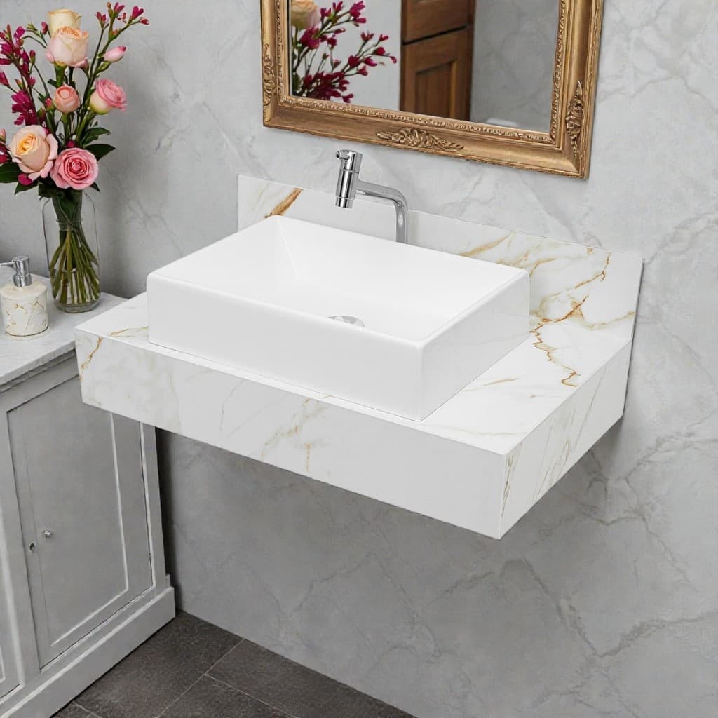 Bancada Com Cuba Branca Sobreposta E Torneira Banheiro Calacata Premium em Porcelanato