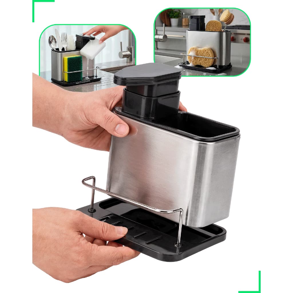Porta Detergente E Esponja Dispenser 3 Em 1 Aço Inox Escorredor Talheres Utensilios de Cozinha Organizador de Pia