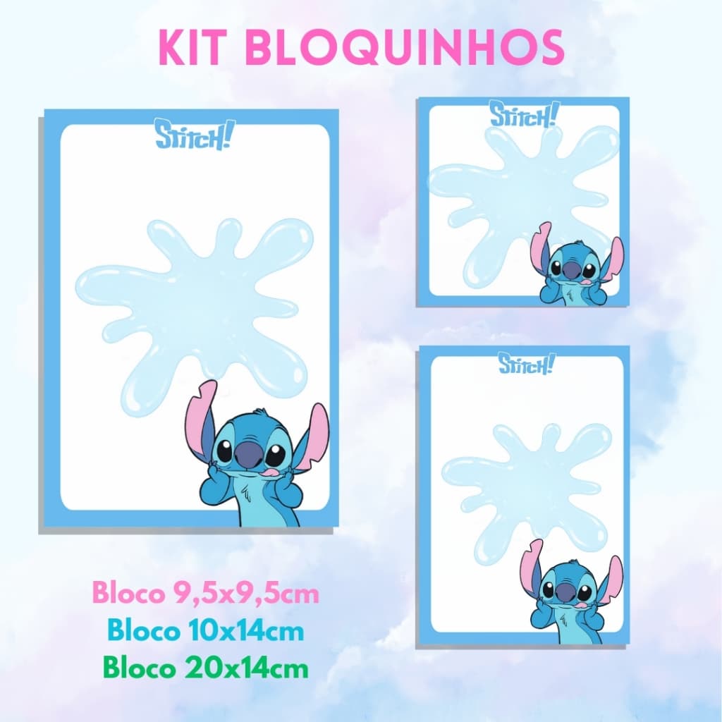 Kit Blocos de Papel Stitch: 1 Bloco 20x14cm + 1 Bloco 14x10cm + 1 bloco 9,5x9,5cm c/ 50 folhas cd