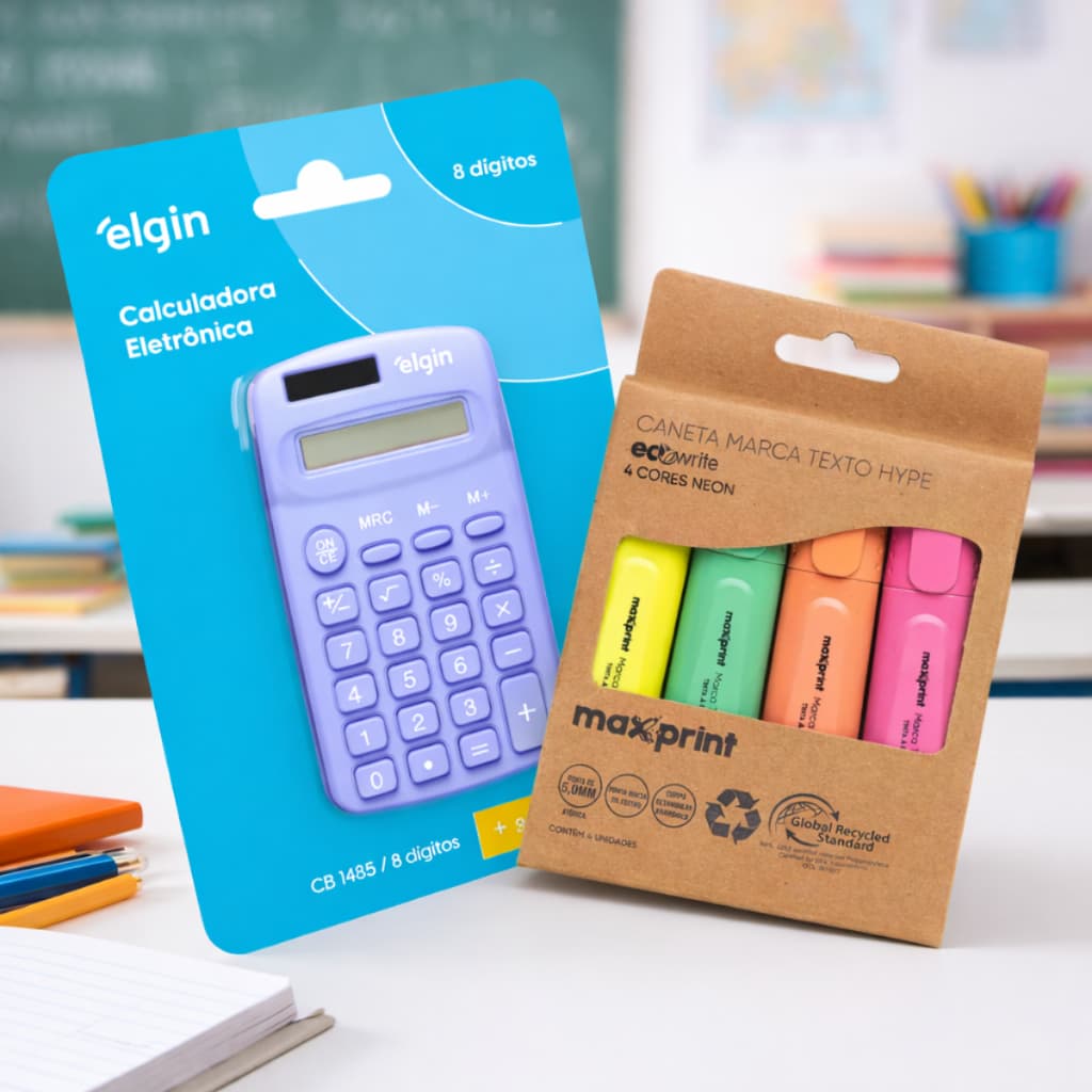 Kit Escolar Com Calculadora 8 Dígitos de Bolso Azul E 4 Canetas Marca Texto em Tons Neon