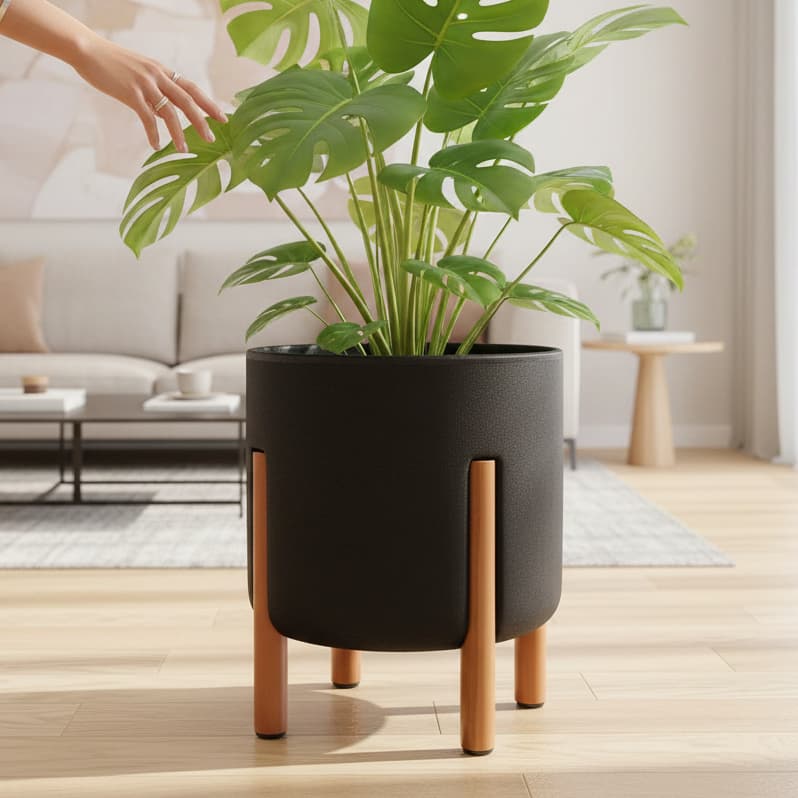 Vaso Para Plantas Nórdico M 37x33cm com pé em madeira Decoração de Interiores