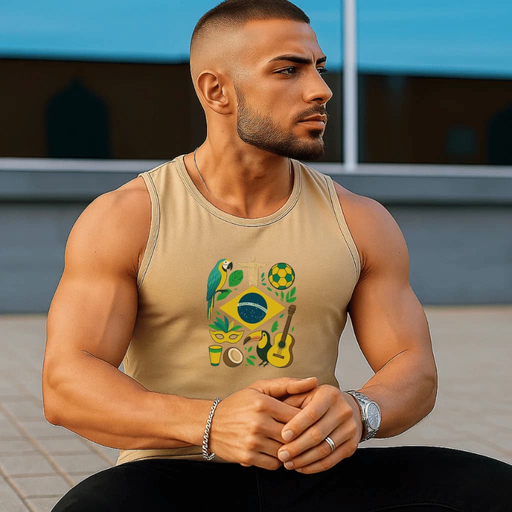 Regata Masculina Academia Algodão 100% Estampada Brasil Copa Premium Treino Fitness Casual Streetwear Verão