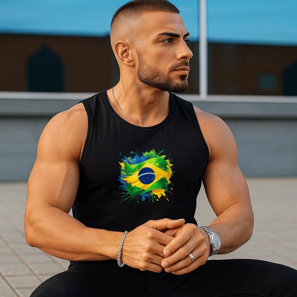 Regata Masculina Academia Algodão 100% Estampada Brasil Bandeira Copa Premium Treino Fitness Casual Streetwear Verão